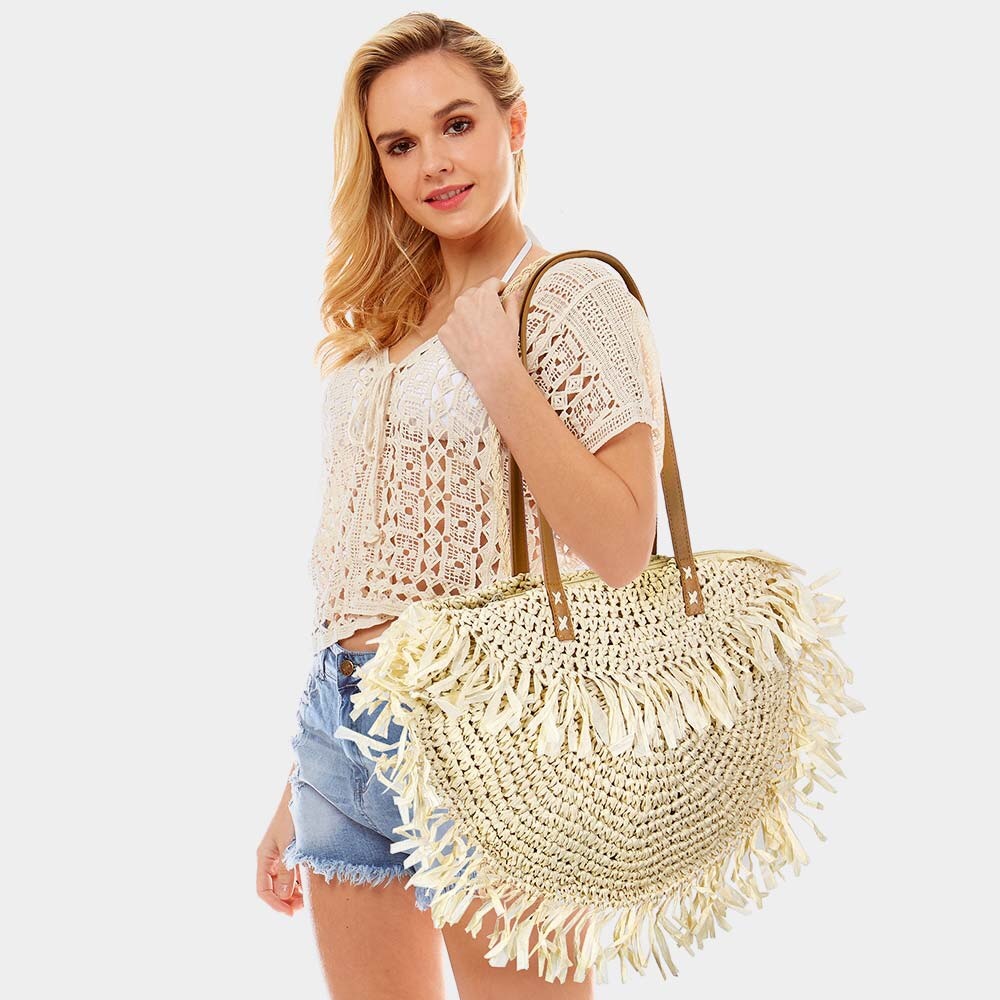 Beige Round Straw Fringe Bag